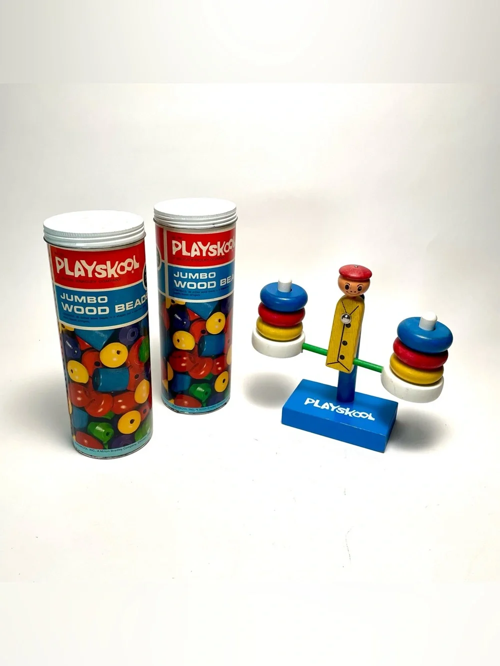 Vintage Playskool Wooden Toy Lot Jumbo Wood Beads Canisters & Balance Scale Man